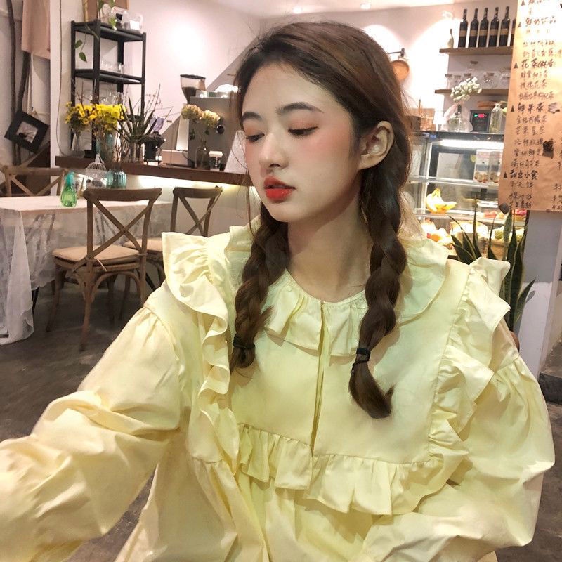 Áo Sơ Mi Tay Dài Dáng Rộng Phối Bèo Dễ Thương Phong Cách Vintage
