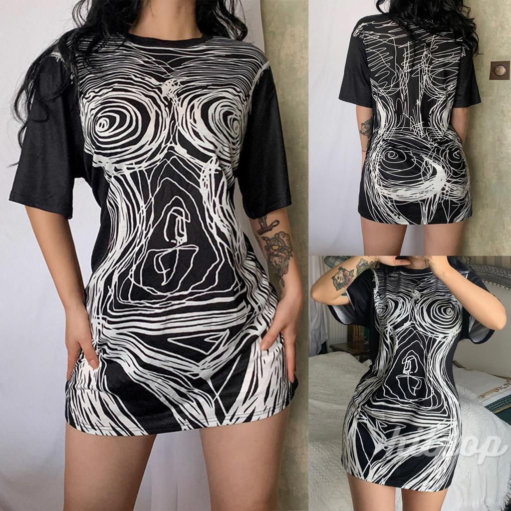 Hitpop-Women Long T-shirt Style Summer Dress, Round Neck Short Sleeve Print Pattern Casual Loose Fit One Piece Garment