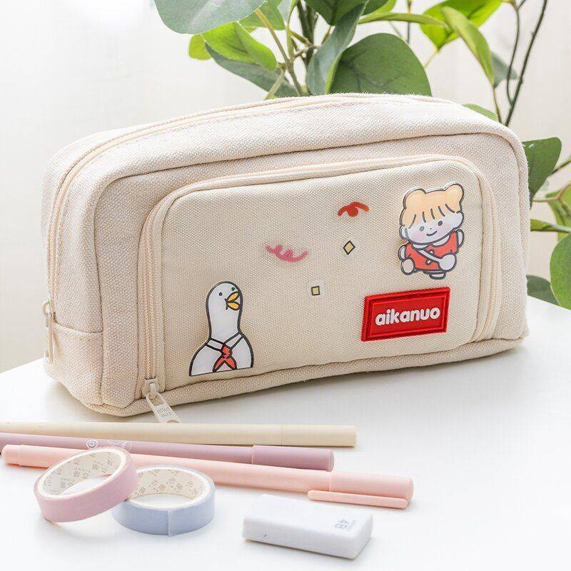 Hộp Bút Vải Canvas Hai Khóa Kéo Mở Lớn Phong Cách ins Đơn Giản Bán Chạy Cho Học Sinh