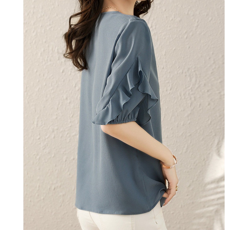 Áo Sơ Mi Ngắn Tay Phối Bèo Phong Cách Pháp 175286 Áo Sơ Mi Dáng Rộng Phong Cách Retro Cá Tính