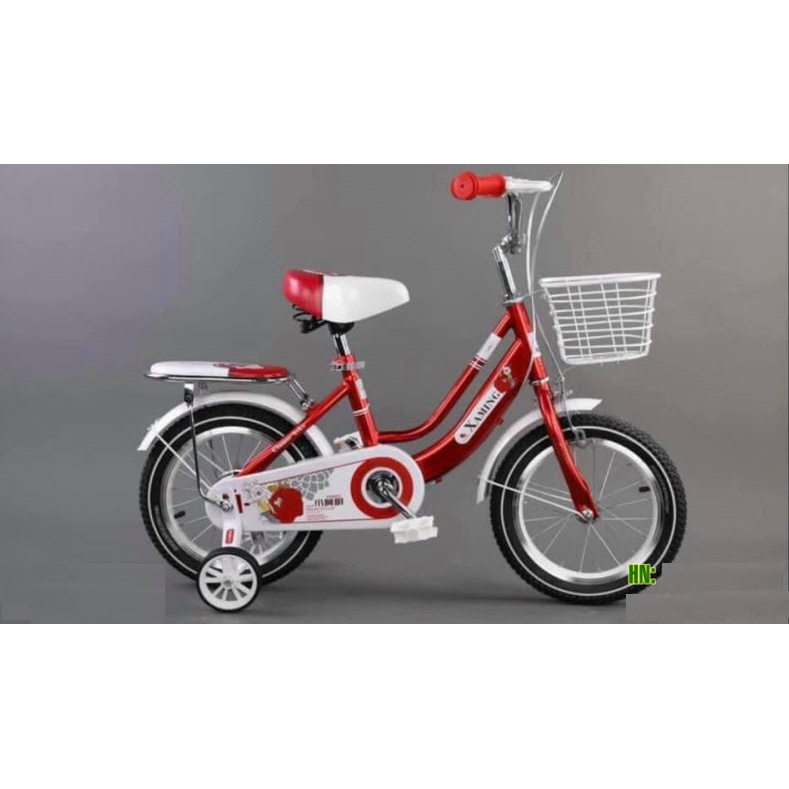 xe đạp xaming hai gióng hoa hồng LOẠI 1 CHẮC CHẮN cho bé gái từ 3-9t ( bánh phụ size 12-16, chân chống size 18-20)