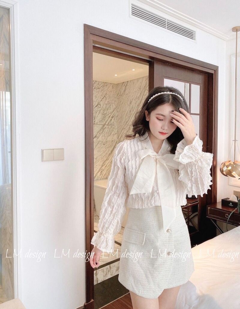 áo sơ mi tiểu thư khuy ngọc cổ nơ sóng nhăn Tặng Kèm áo hai dây