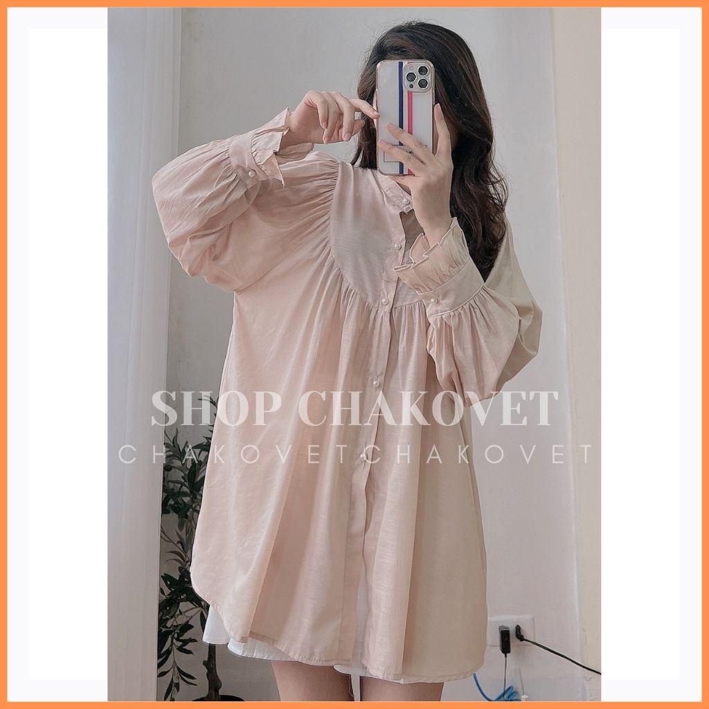 Áo sơ mi nữ dài tay oversize A8206 Thiết kế kiểu cổ tròn tay phồng dáng babydoll