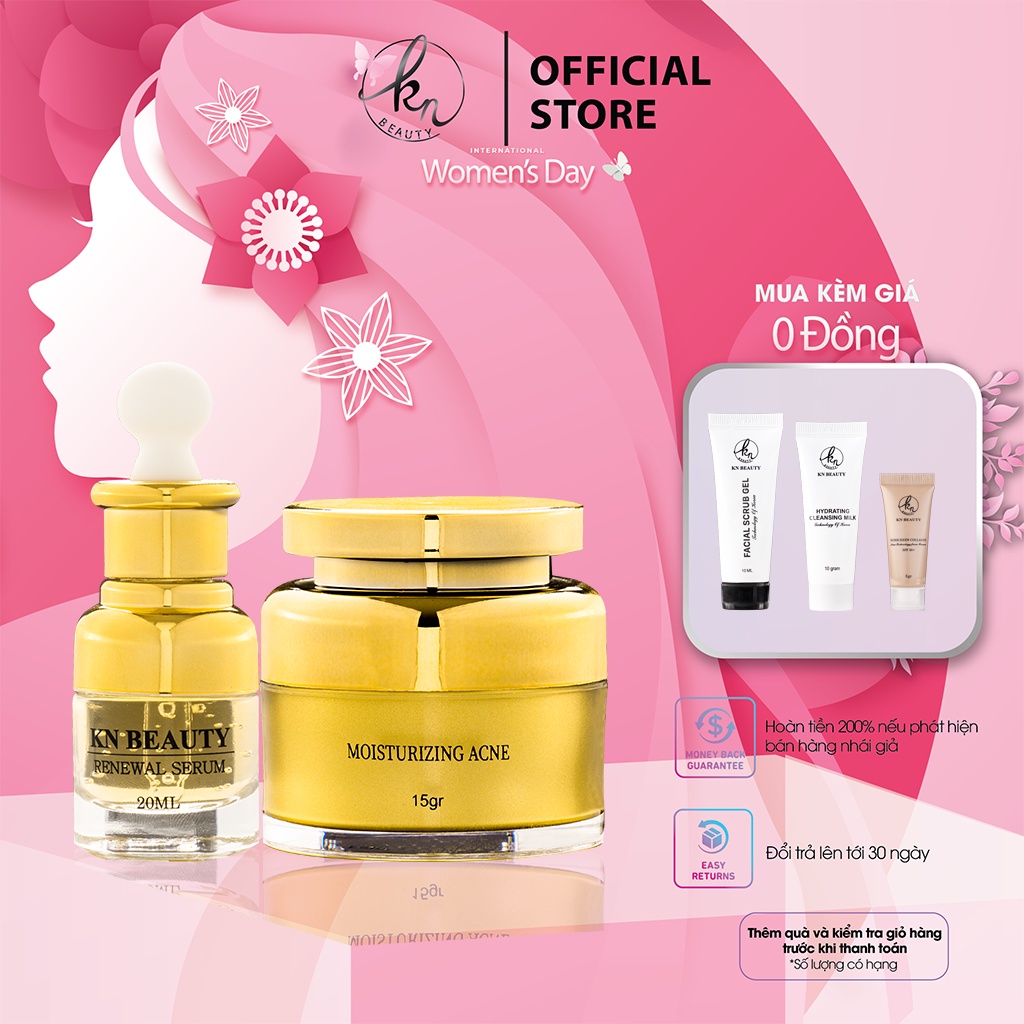 Combo 2 sản phẩm Ngừa mụn Giảm thâm Dưỡng trắng Kn Beauty: Serum 20ml +kem dưỡng 15gr tặng set mini