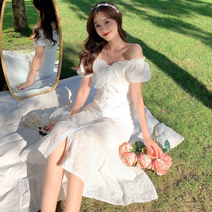 Đầm trắng tiểu thư trễ vai đuôi cá nữ tính ☁️ | BigBuy360 - bigbuy360.vn