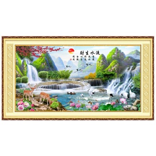 Tranh thêu chữ thập thêu kín chữ việt thiên nhiên giao hoà 2 khổ