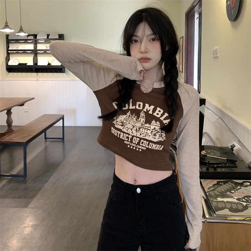 Áo dệt kim ZHELIHANGFEI tay dài cổ tròn dáng ôm phong cách retro Mỹ