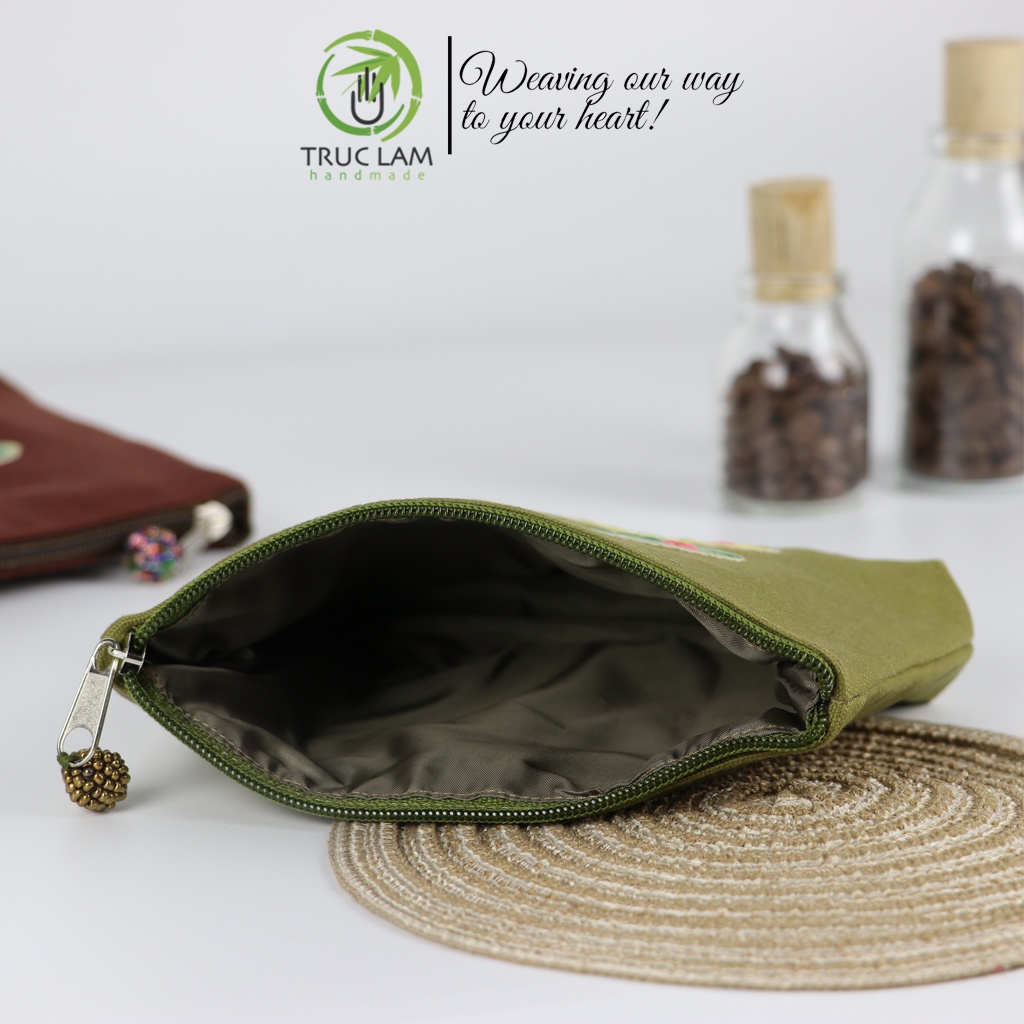 Ví Cầm Tay Nữ Vải Canvas Thêu Tay Họa Tiết Hai Chiếc Thìa Hoa - Trúc Lâm Handmade