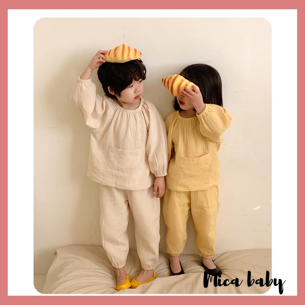 Bộ quần áo thu đông dài tay vải xô muslin cao cấp cho bé QA42, quần áo sơ sinh bé trai bé gái Mica baby từ 8-18kg