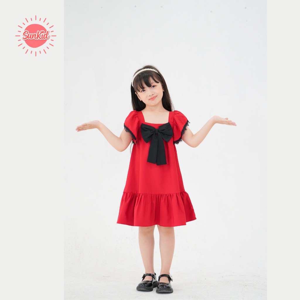 Váy đầm bé gái dáng suông đuôi cá thắt nơ đen vải trượt nhật cao cấp mùa hè Sunkid NN2 màu đỏ size trẻ em4-12 tuổi