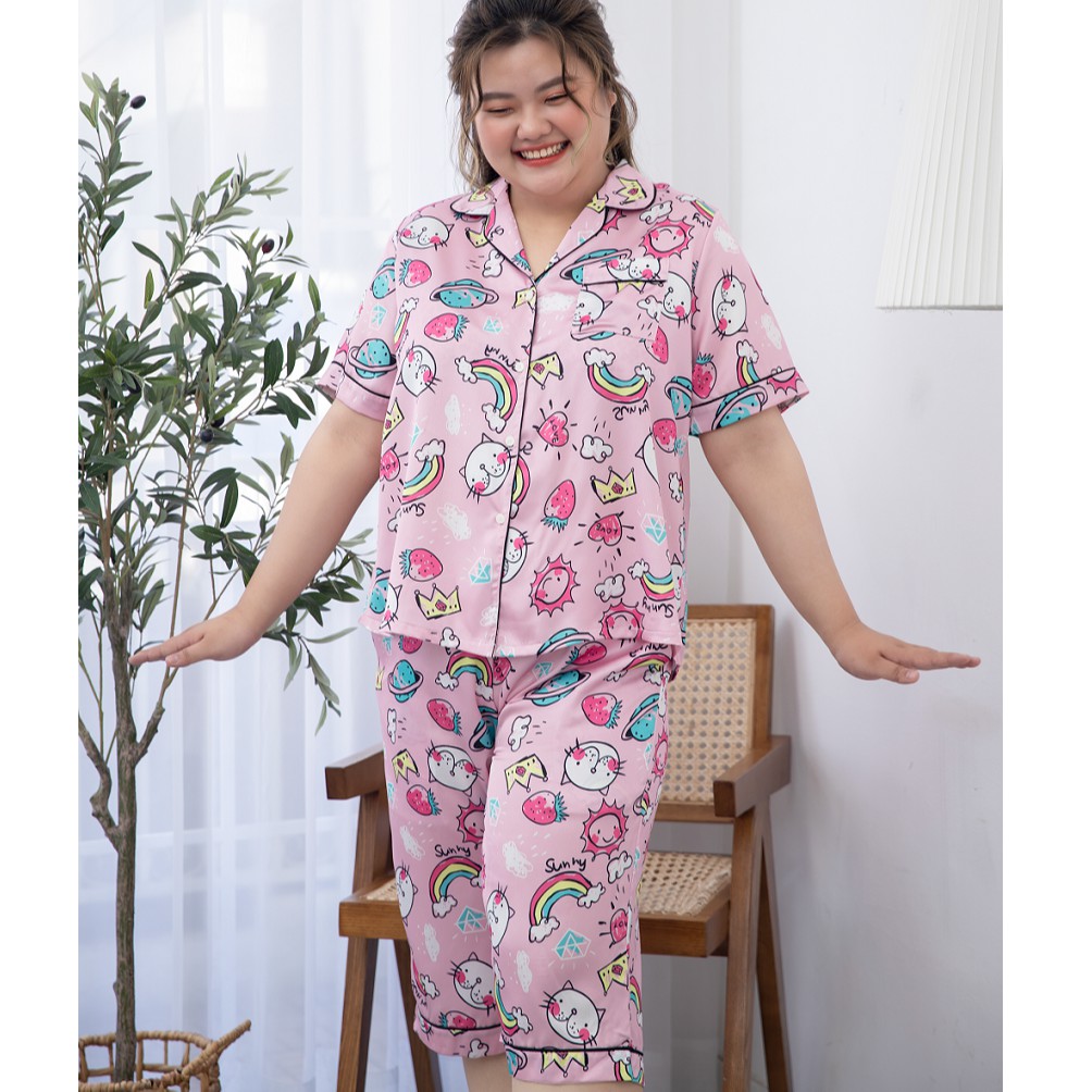 (55-85kg) Đồ bộ bigsize nữ mặc nhà Pijama Lửng lụa satin cao cấp - Hàng thiết kế Mĩm Store