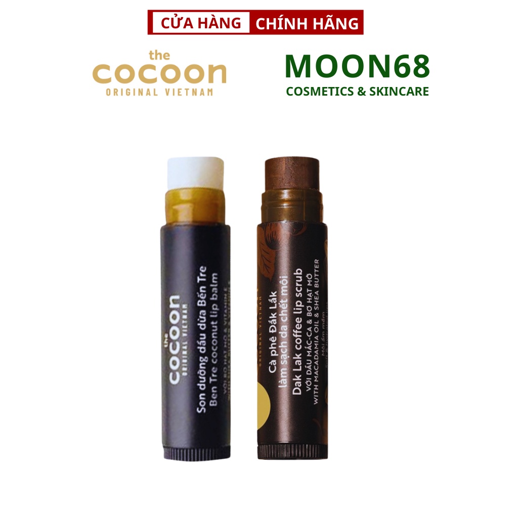 Combo son tẩy da chết môi Cà phê đắk lắk cocoon5g + son dưỡng môi dầu dừa bến tre cocoon5g - Moon68 - Mỹ phẩm thuần chay