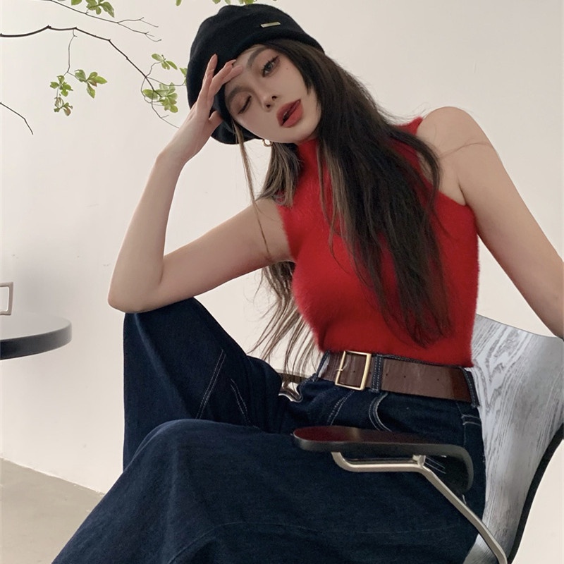 Áo Dệt Kim Sát Nách Cổ Cao Thời Trang Mùa Thu Quyến Rũ