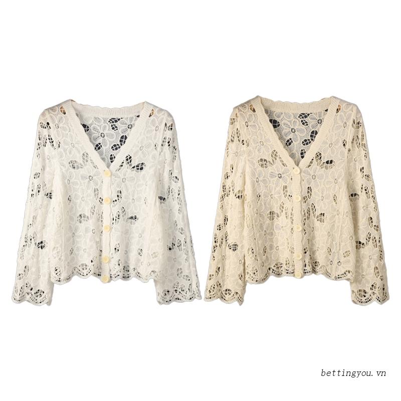 Áo Khoác Cardigan Tay Dài Che Nắng Cài Nút Phối Ren Thời Trang Mùa Hè Cho Nữ