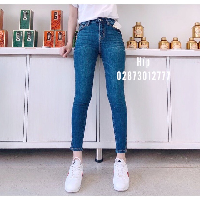 Quần jean skinny nữ 9 tấc xẻ lai lưng cao ngang rốn chất jean dày dặn co giãn thoải mái (Hình thật)