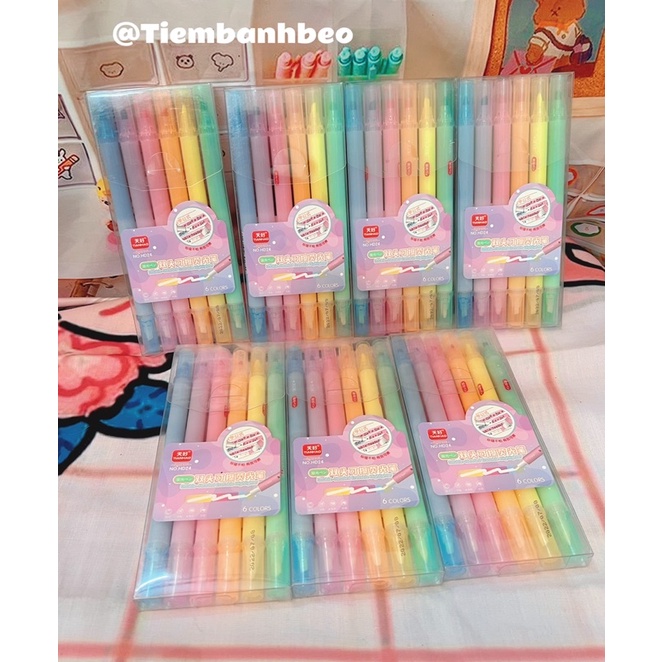 Bộ Bút Highligh 6 Cây màu pastel và Xoá 2 đầu đa năng