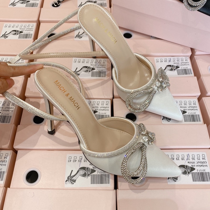 Giày cao gót nơ đá dây quấn cổ chân MM cao 10p