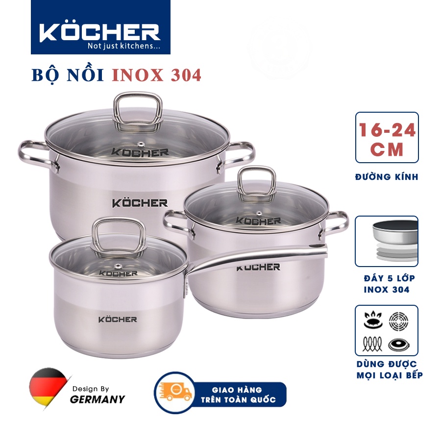 Bộ nồi inox 5 đáy KOCHER size 16cm, 20cm, 24cm hàng cao cấp dùng cho bếp từ