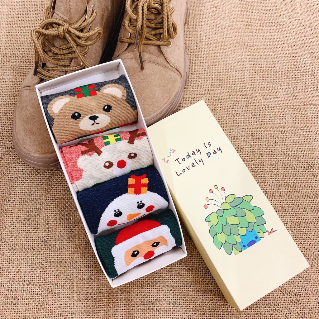 Vớ Ngắn Noel 4 Đôi Cotton In Họa Tiết Cổ Ngắn Noel Hoạt Hình Vui Nhộn Tất Nữ Nhật Hàn Giáng Sinh Ulzzang