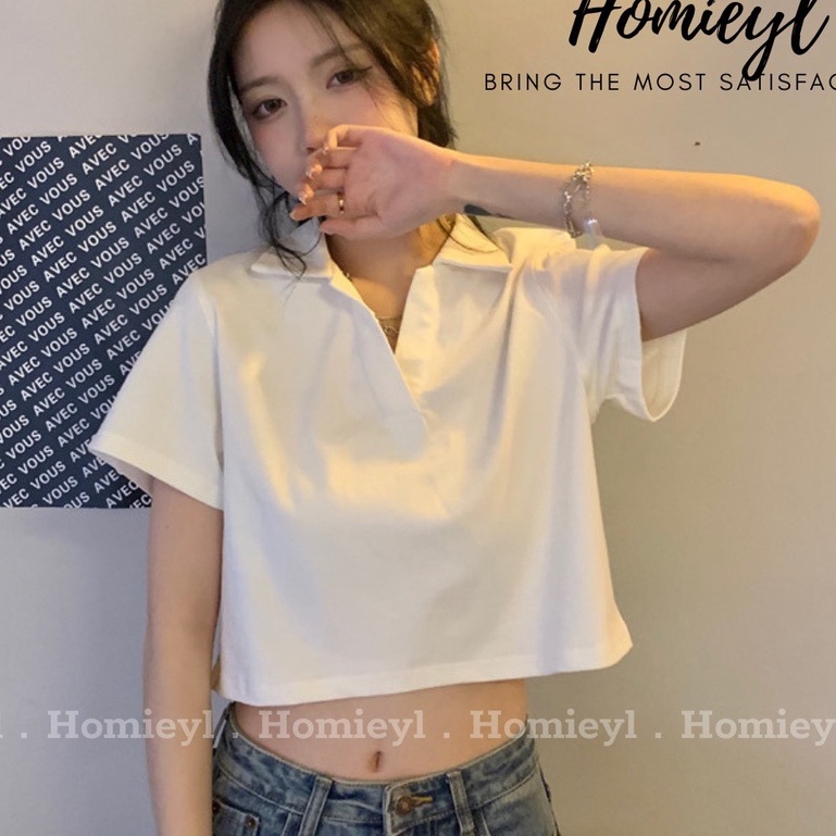 Áo croptop nữ cổ polo V dáng vừa tay ngắn Homieyl cao cấp màu đen trắng đi chơi, đi làm