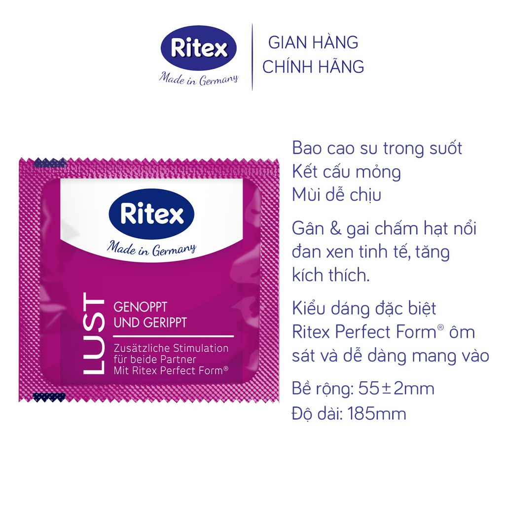 Bao cao su Ritex Lust gân &amp; gai - Hộp 8 chiếc