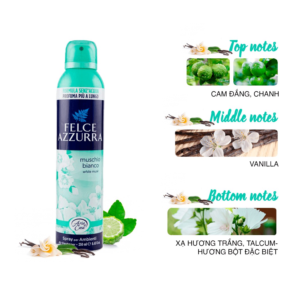 Xịt phòng hương nước hoa Ý Felce Azzurra 250ml, hương oải hương, cỏ sả, anh đào, phấn talc