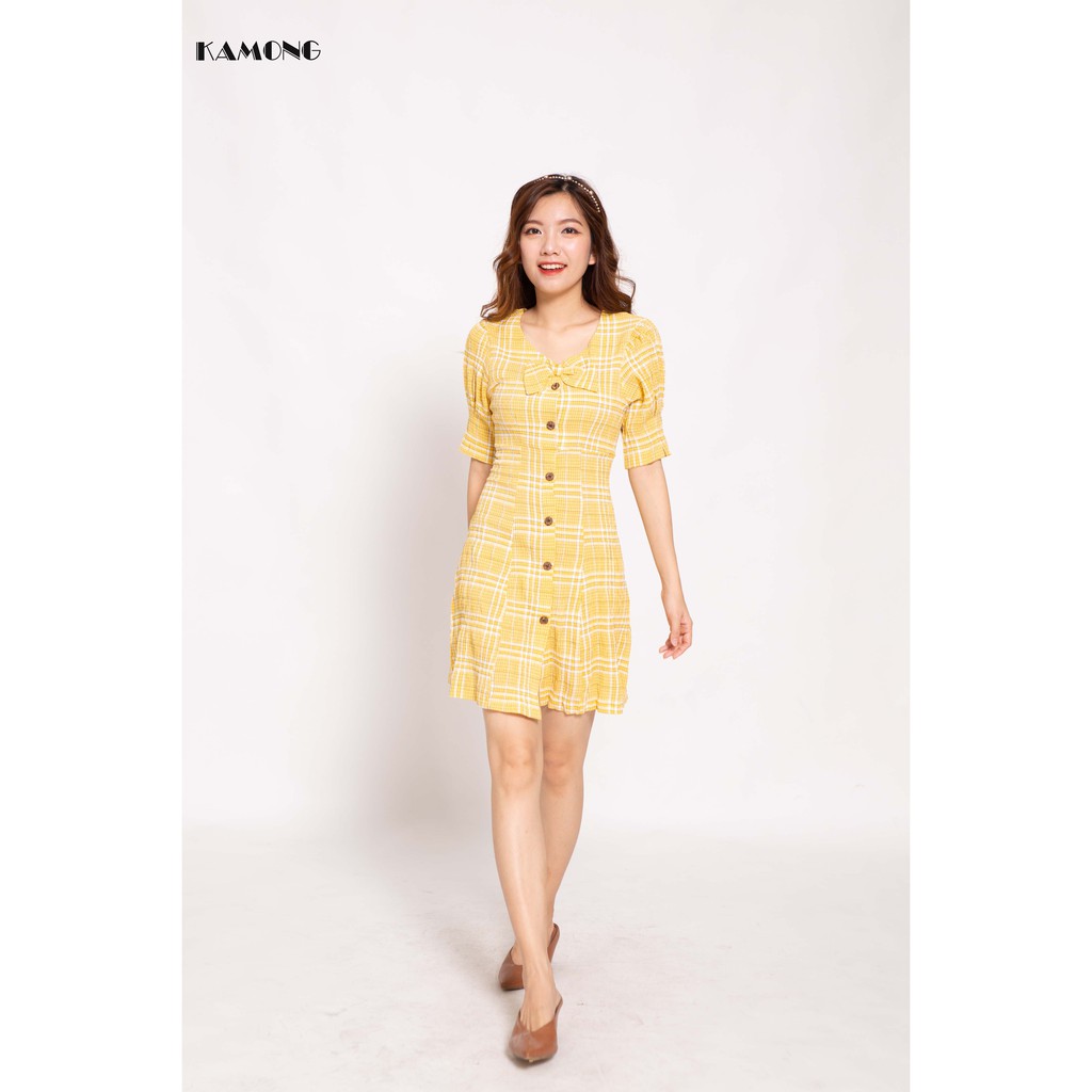 Đầm caro đính nơ cổ KAMONG D071