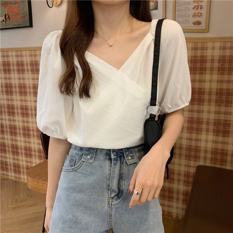 Áo sơ mi cổ chéo tay bồng không nhăn đi học đi làm | BigBuy360 - bigbuy360.vn