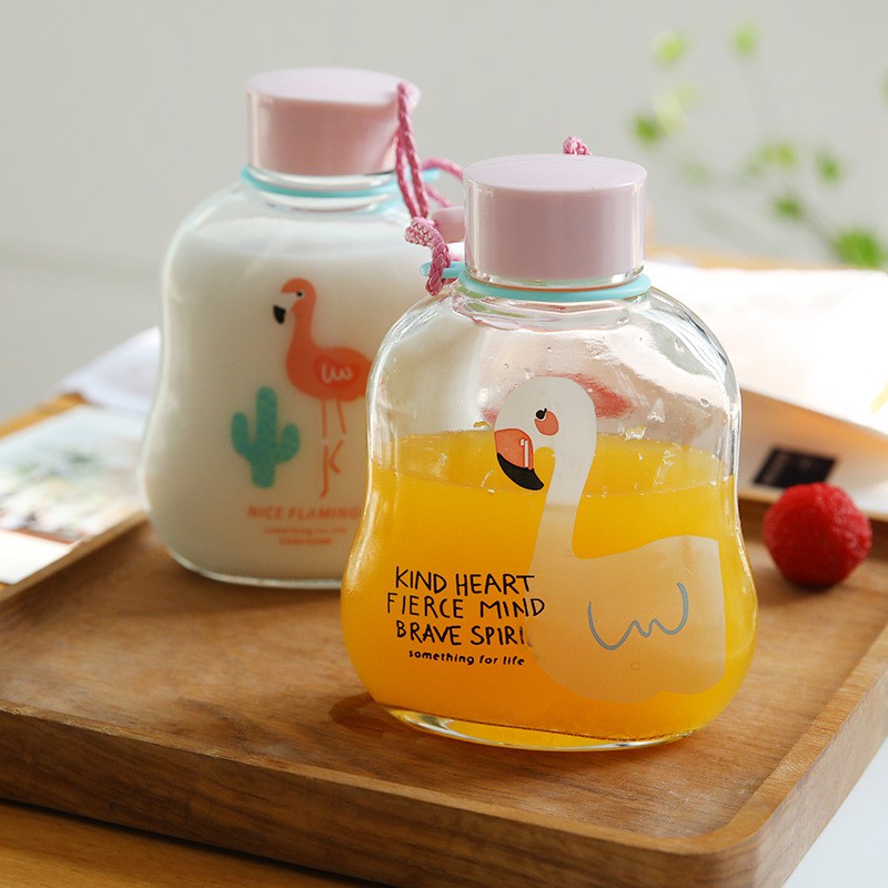 cốc nước hồng hạc BN26 thuỷ tinh bình nước 300ml - 450ml bình nước cute bình nước dễ thương