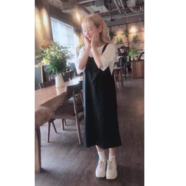 Set Đầm Bầu Yếm Kèm Áo Phông Cotton Tay Lỡ Bộ Váy Yếm Áo Thun Dáng Rộng Hàng VNXK | BigBuy360 - bigbuy360.vn
