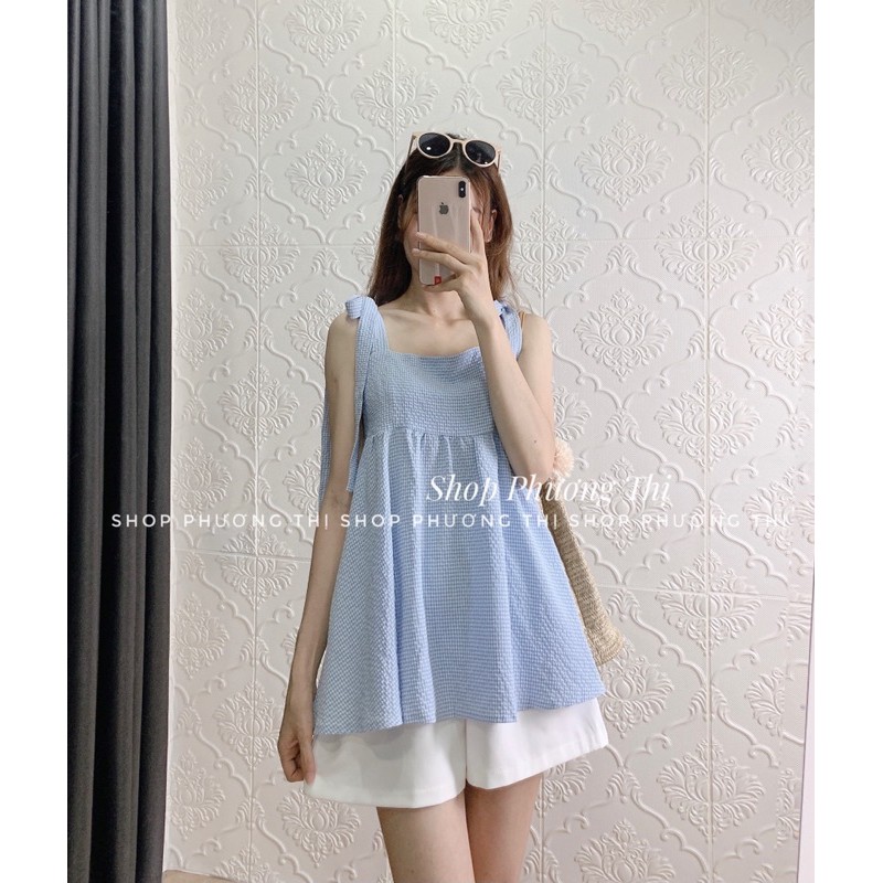 Sét áo babydoll buộc nơ vai kèm quần sooc - Sét áo váy tiểu thư xinh xắn (hình thật/sẵn)