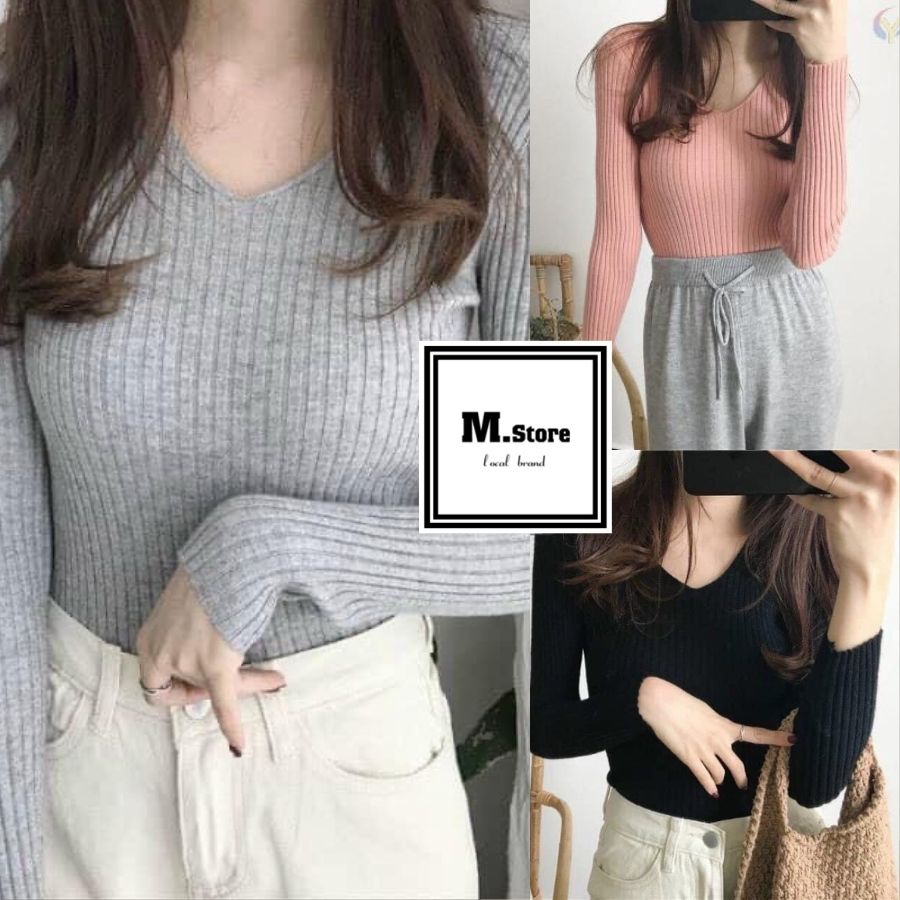 Áo Thun Bo Gân Dài Tay Cổ V Dáng Body Có Ảnh Thật và Video M.Store
