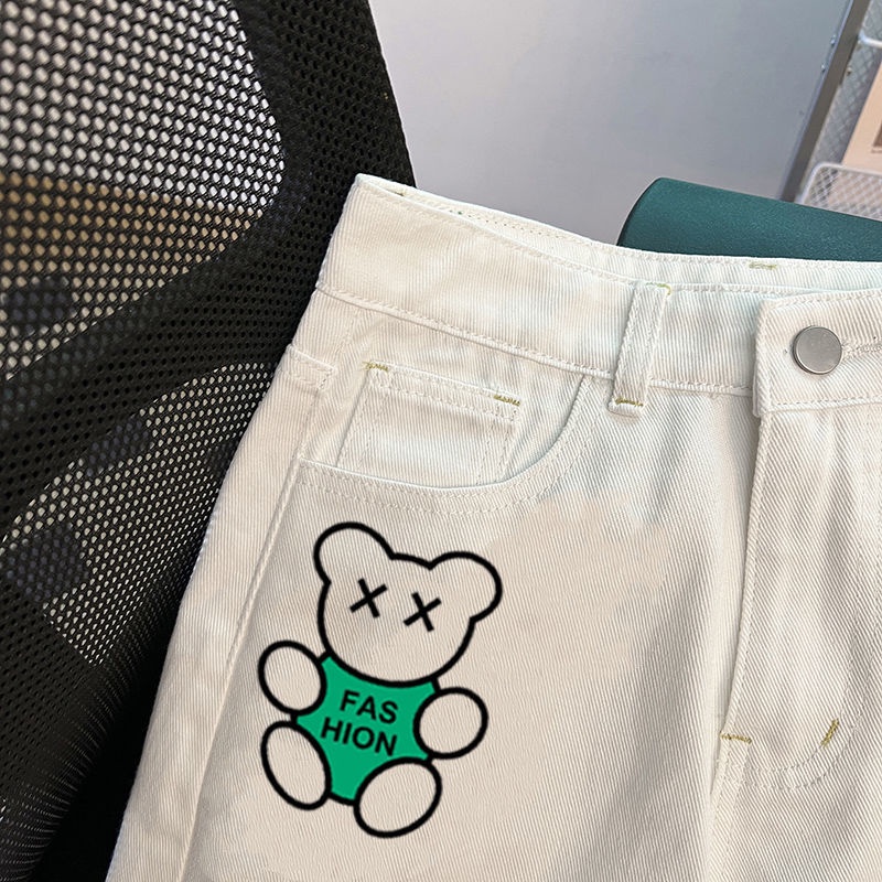 Quần Đùi Denim Ống Rộng Chữ A Hình Gấu Mới Mùa Hè Cho Nữ