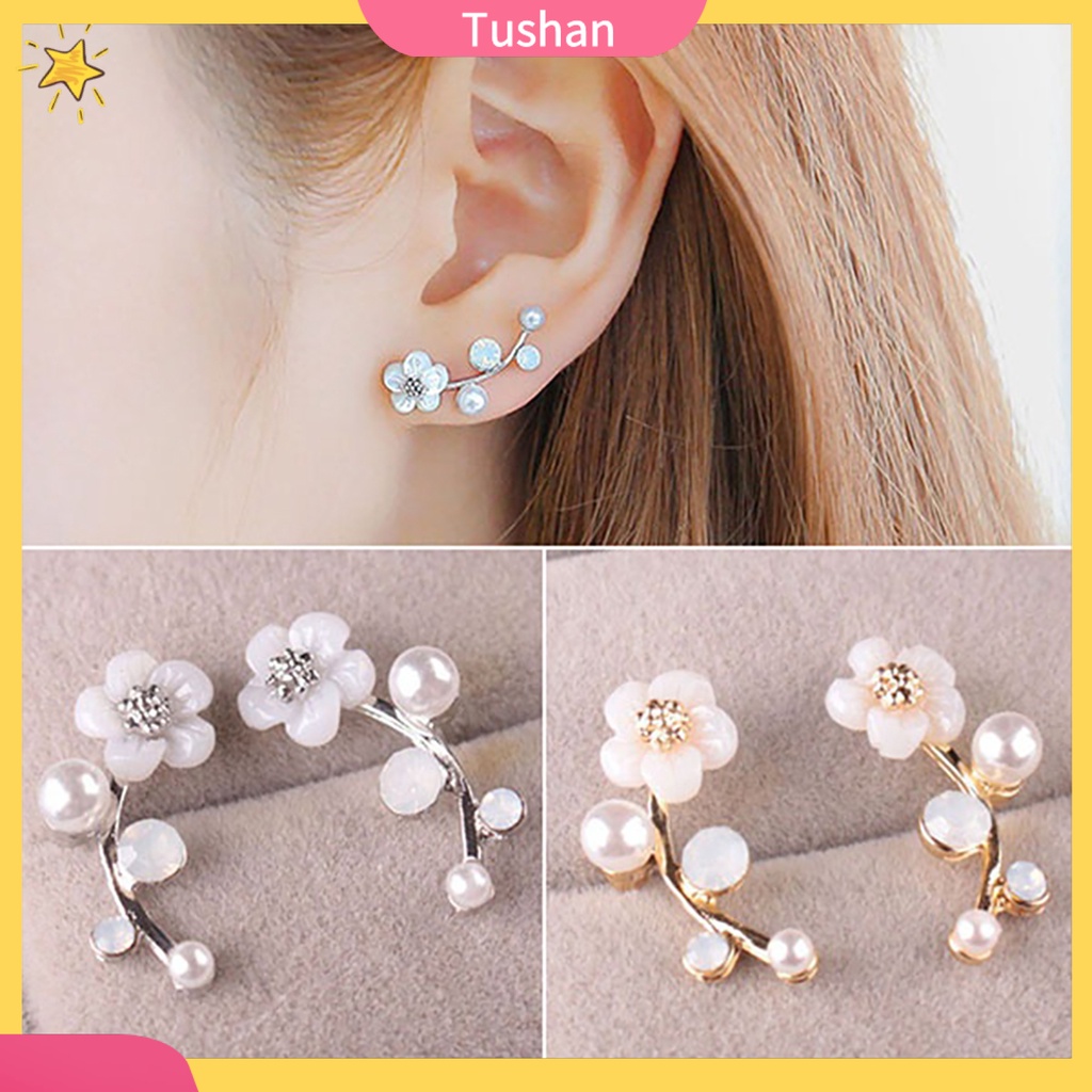 Cặp khuyên tai hình hoa đính đá và ngọc trai giả trang nhã cho nữ