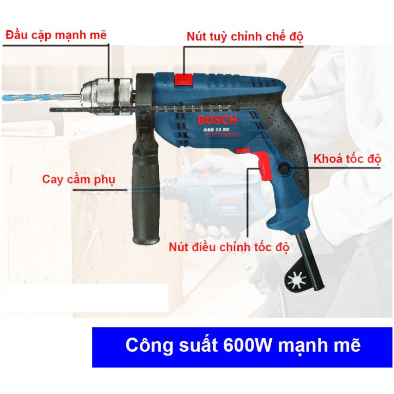 Máy Khoan Động Lực Bosch 13 Re 600W - Máy Khoan Tường - Sử Dụng Mũi Khoan 13Mm - Máy Khoan Mini Giá Rẻ