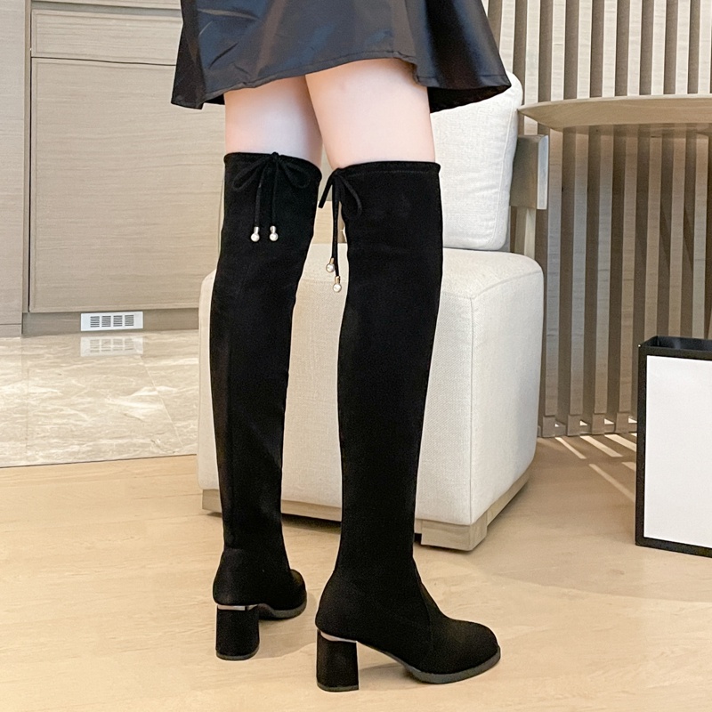 Giày Bốt Cao Gót Cổ Cao Qua Gối Màu Đen Thời Trang Cho Nữ Size 34