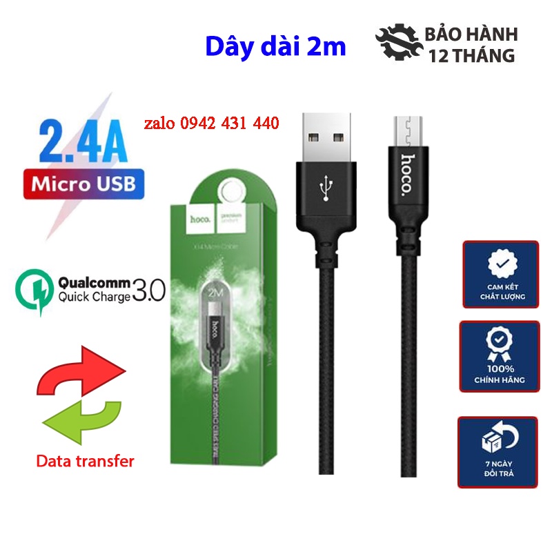 [ Dài 2m ] Cáp Sạc Hoco X14 Micro USB - Chiều Dài Lên Đến 2M - Đẳng Cấp Vượt Trội .