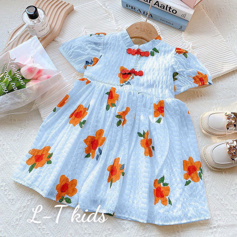 Váy cho bé gái, váy bé gái chất đũi mềm mát, cổ đính hạt ngọc siêu đáng yêu cho bé từ 10-20kg