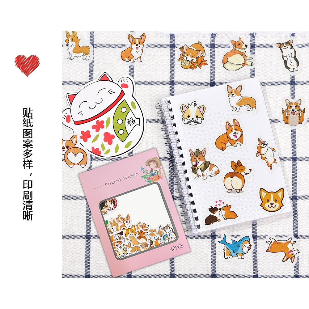 Set 40 miếng dán hình chú chó corgi hoạt hình dễ thương trang trí sổ lưu niệm/sổ ghi chú
