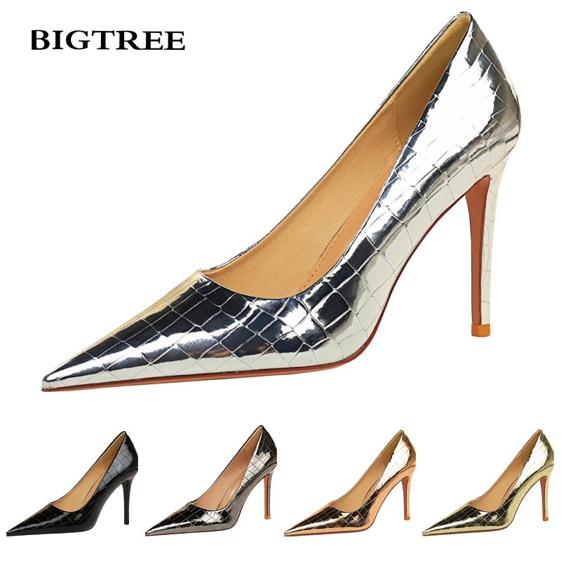 BIGTREE Chính Hãng Giày Cao Gót 10.5cm Mall-9611-7 Mũi Nhọn Miệng Nông Họa Tiết Vân Đá Bằng Kim Loại Phong Cách Retro Quyến Rũ Cho Nữ