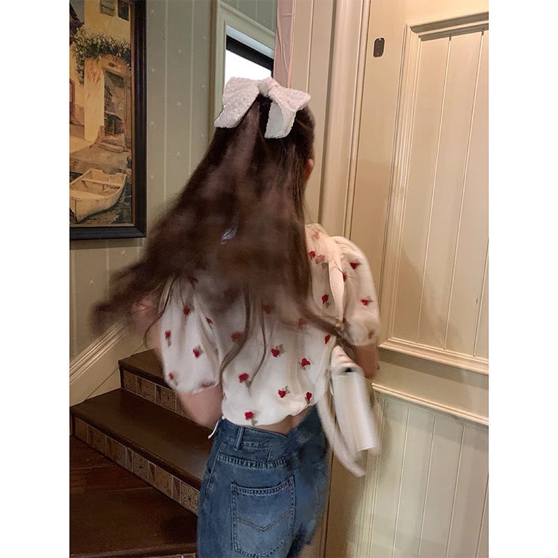 Áo Sơ Mi Voan Tay Phồng Cổ Chữ V Thêu Hoa Hồng Thời Trang Mùa Hè Cho Nữ