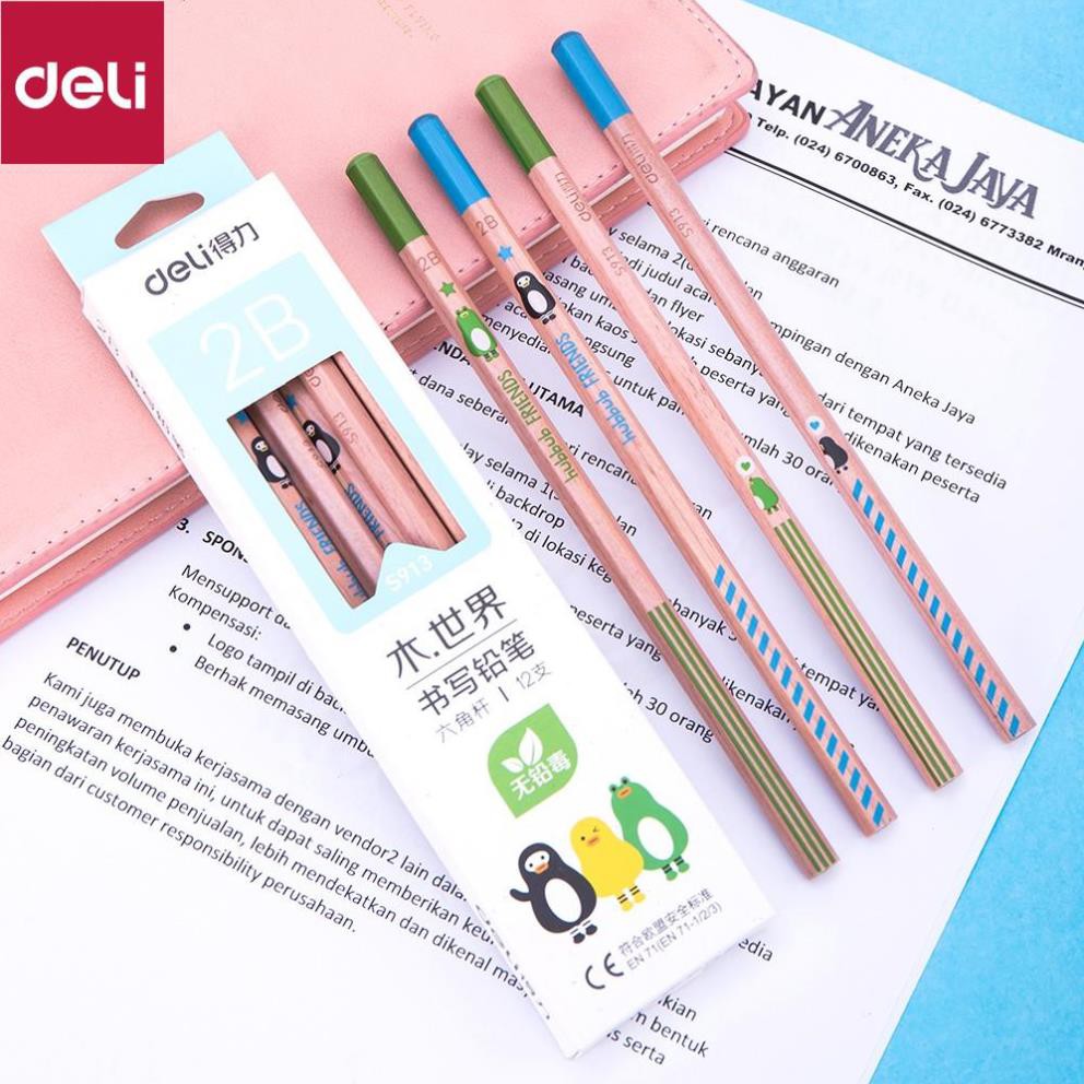 Bút chì 2B Deli - viết chì - họa tiết đáng yêu - 12 chiếc/hộp - WS913 [Deli]