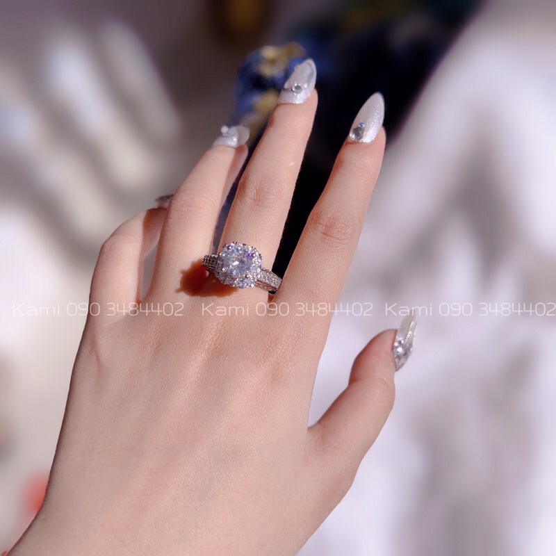Nhẫn xi bạch kim hột cao xoàn siêu đẹp Kami
