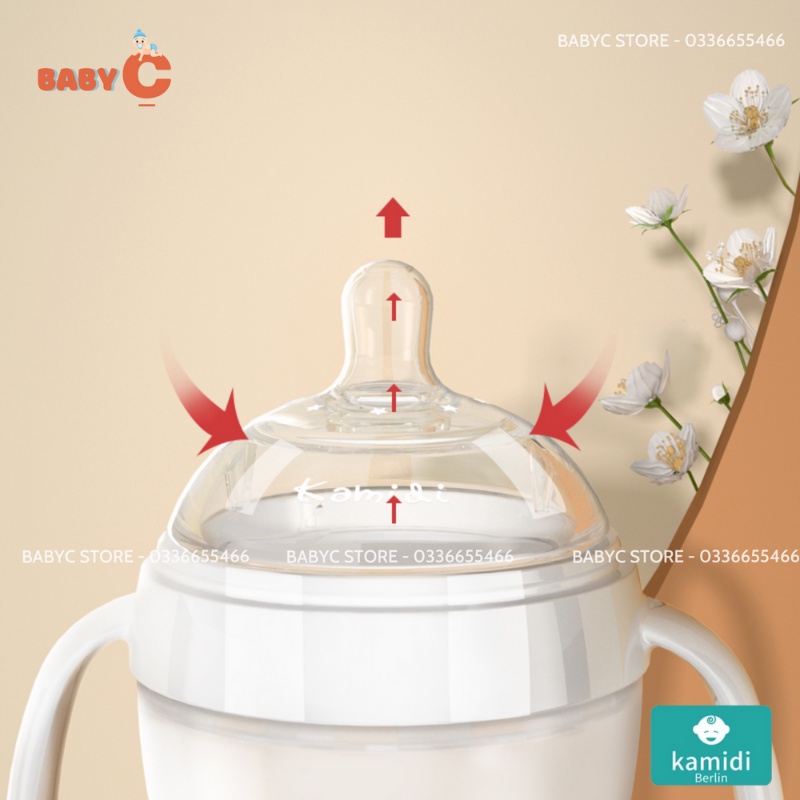 Bình sữa Kamidi Silicon trắng Chính Hãng, bình sữa tay cầm có ống trợ ti chống sặc cho bé dung tích 150ml/250ml - BabyC
