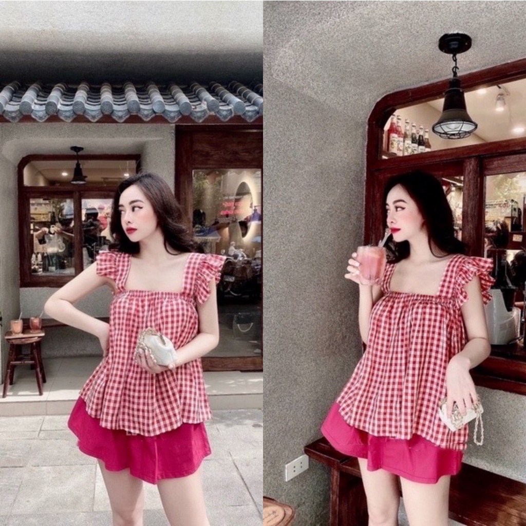 [SET ĐỒ BỘ] Set Trang Phục Nữ Áo 2 Dây Cánh Tiên Kẻ Phối Quần Màu Siêu Thoải Mái | BigBuy360 - bigbuy360.vn