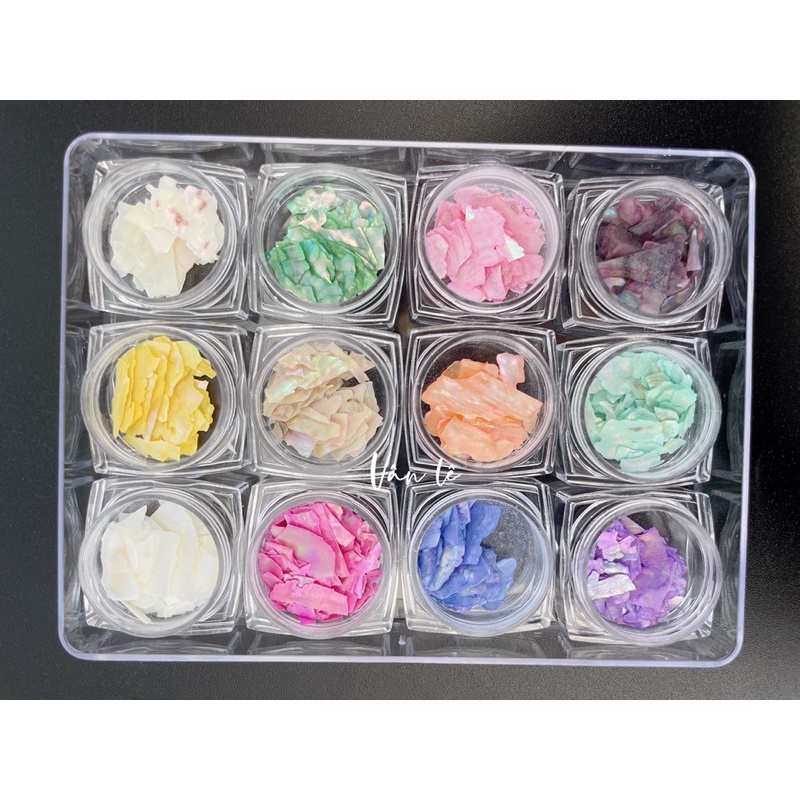 Phụ kiện xà cừ vẫn đá gắn móng tay trang trí nail hộp 12 màu