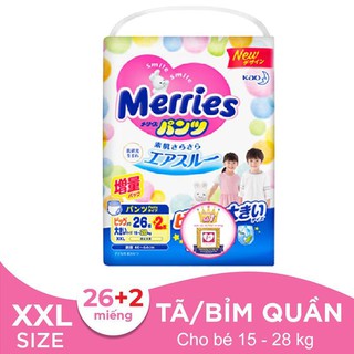 Bỉm - Tã quần Merries size XXL - 26 miếng (cho bé 15 - 28kg)thêm 2 miếng