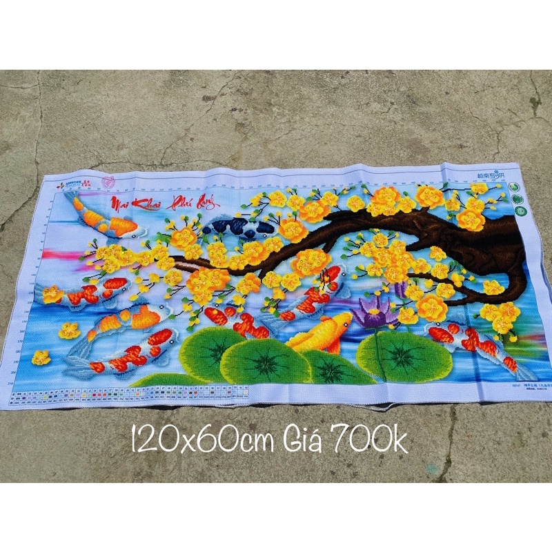 (thêu sẵn) Tranh thêu chữ thập cá chép hoa sen cành mai 120x60cm