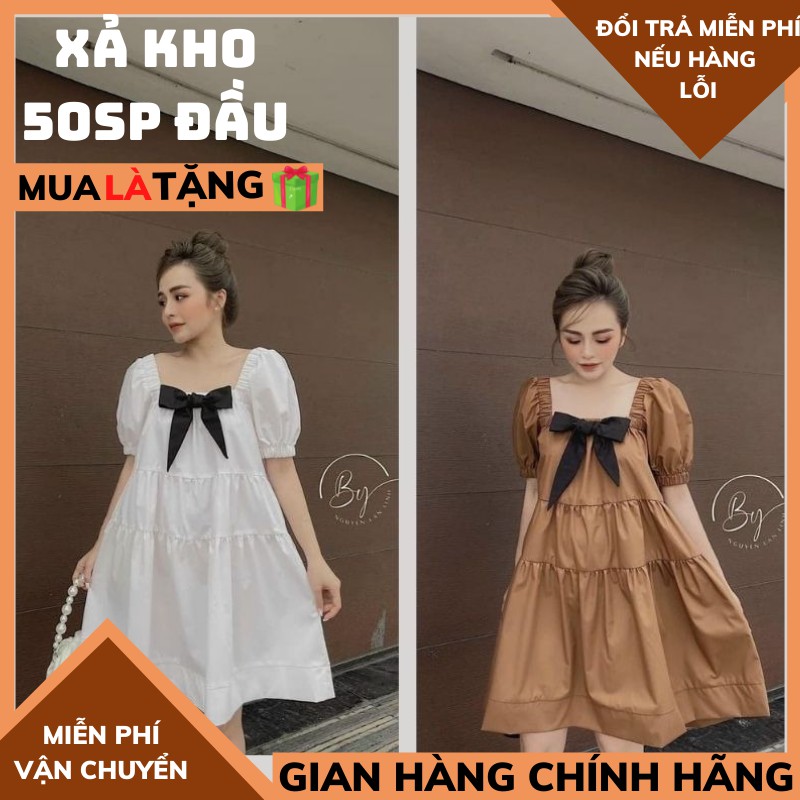 Đầm babydoll nữ 🍀đầm xoè cổ vuông đính nơ 🍀đầm tiểu thư ,đầm trắng công chúa chất thô mềm về 2 màu