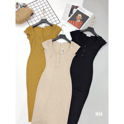 Váy tăm body cổ khuy tay cộc vát nhiều màu xinh